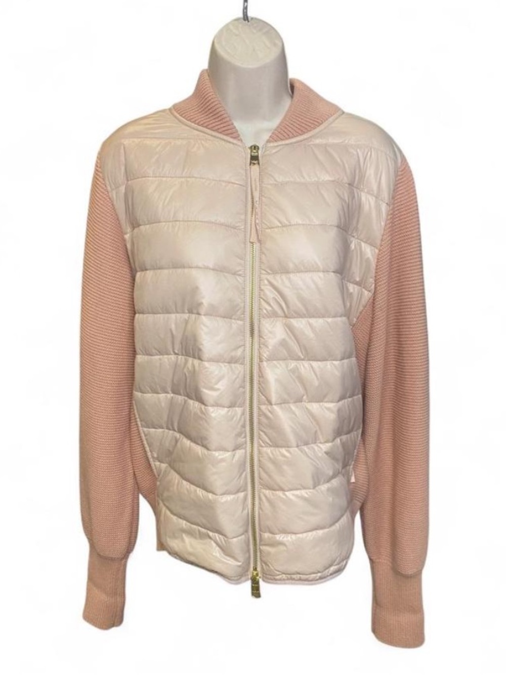 Light Pink Quilted Bomber Jacket with Knit Sleeves
